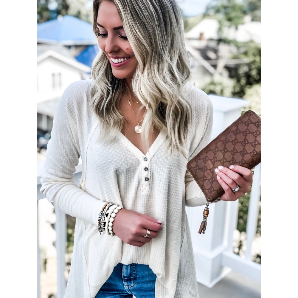 Free People We The Free Ivory Waffle Knit Henley Top Small Boho Cream